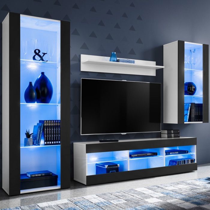 Meuble TV Tivoli Set Medio Komodee - LED bleues - Noir Mat ET Blanc - Facades en Mat - 195x159x35 cm Meuble TV Tivoli Set Medio Komodee - LED bleues - Noir Mat ET Blanc - Facades en Mat - 195x159x35 cm