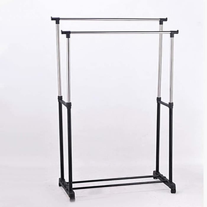 Portant Double à Vêtements - Acier Inoxydable - Hauteur Réglable - Avec Roulettes et Étagère à Chaussures