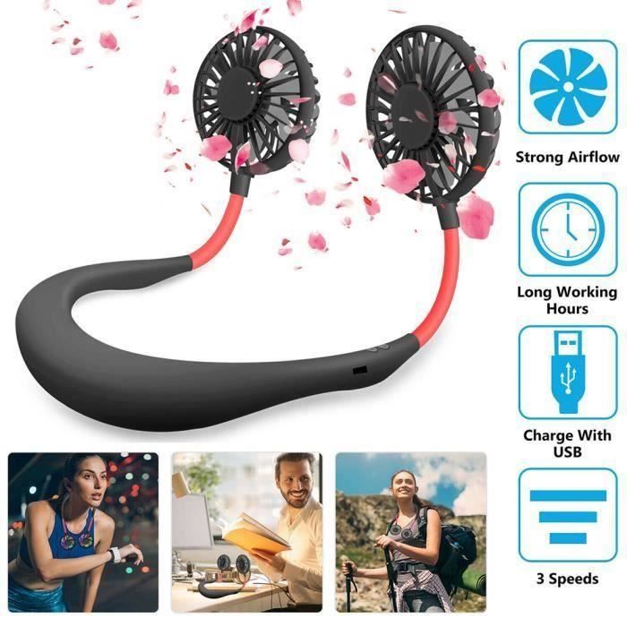 Ventilateur Serre-Nuque USB Rechargeable - BK - Petit Ventilateur Cou Portable - Noir - 45 dB - Vent à trois v - Bk