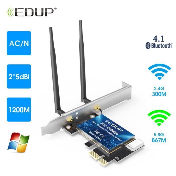 Carte Réseau Wi-Fi PCI-E Dual Band 433 Mbps + Bluetooth 4.2 - Compatible Windows 7/10 - Pour PC Fixe