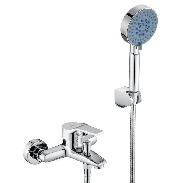 Robinet de Baignoire Chromé avec 5 Fonctions Douchette à Main Mitigeur de douche mural en Laiton pour Salle de Bain