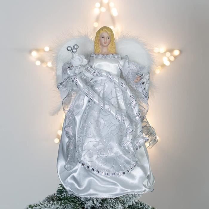 Ange Blanc Pour Sommet De Sapin De Noël - 23 Cm, Robe Pailletée Nacrée - Décoration Traditionnelle De Noël