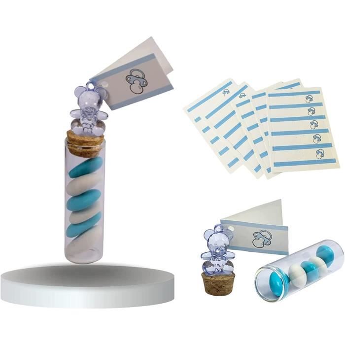 25 Éprouvettes Tubes à Dragées ou Confiseries Bonbonnière Ballotin Baptême Garçon + 25 Etiquettes Cadeau de Naissance invités Ba