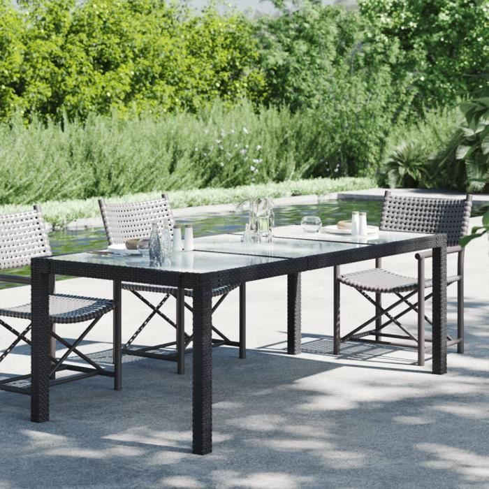 Table de jardin - ESTINK - Noir - 190x90x75 cm - Verre trempé - Résine tressée