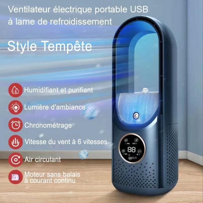 Ventilateur électrique portable USB - HD4K - 6 vitesses - Bleu - Refroidissement sans lame - 300x120mm - Hd4K
