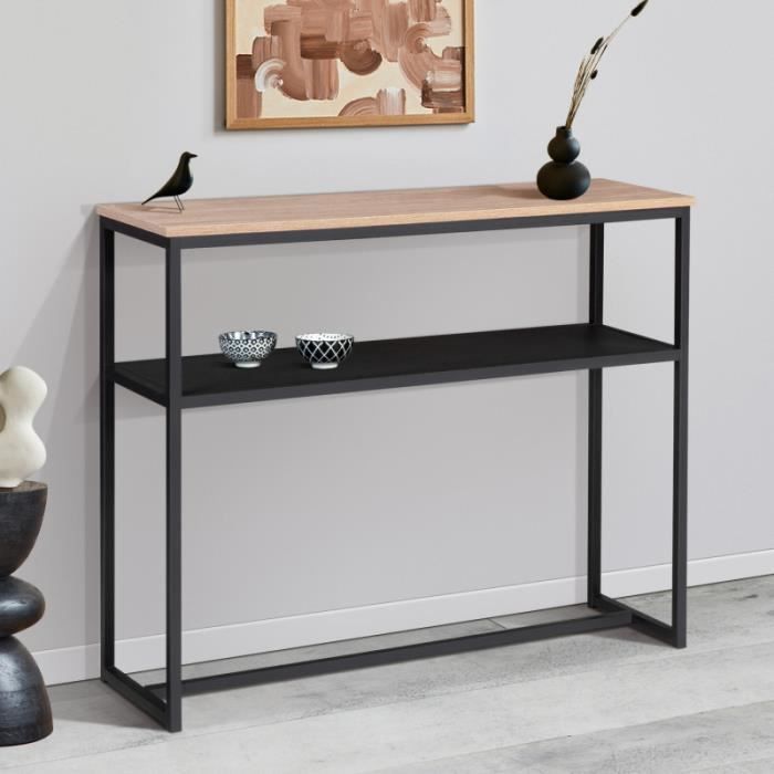 IDMARKET Console double DENTON métal noir et bois design industriel