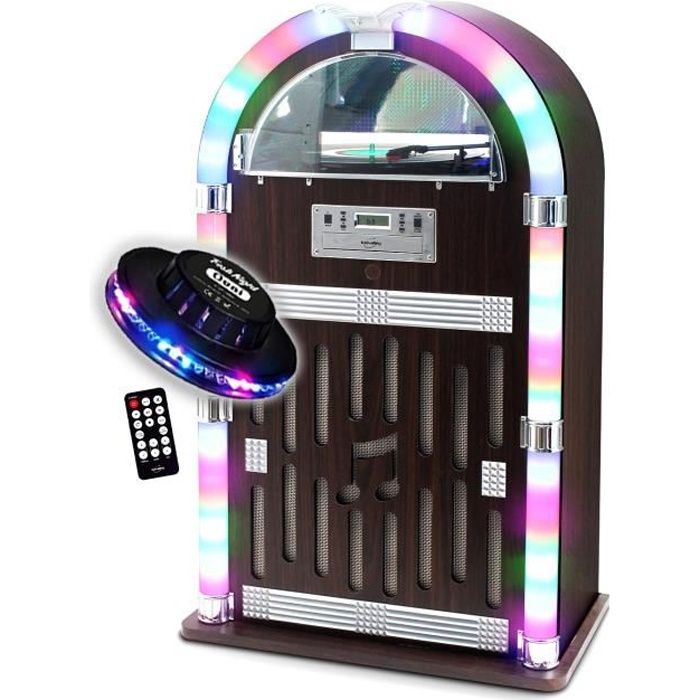 Chaîne Hifi Jukebox Retro 60W avec tourne disque vinyle Bluetooth, CD, FM + télécommande, Jeu de lumière OVNI LED