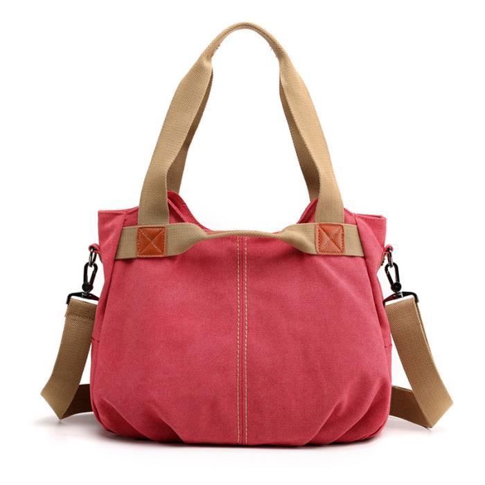 Sac à Main en Toile Femme INSFITY - Rouge - Grande Capacité - Bandoulière - Travail Loisir Shopping