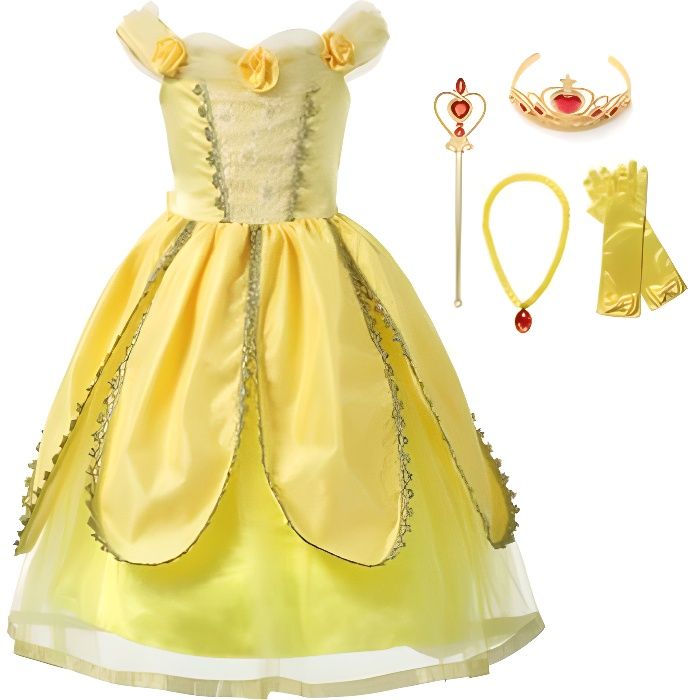 Amzbarley Déguisement Filles Princesse Belle Robe de Soirée Fête  d'Anniversaire Robe Princesse avec Accessoires Jaune - 3 à 12 ans