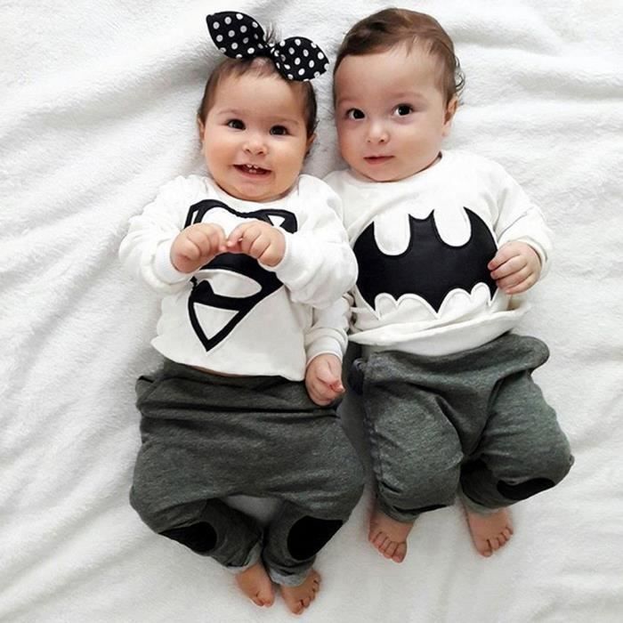 Bebe Frere Et Soeur Noir Blanc Ensemble De Vetement En Coton Manche Longue Superman Batman Logo Imprime Noir Cdiscount Pret A Porter
