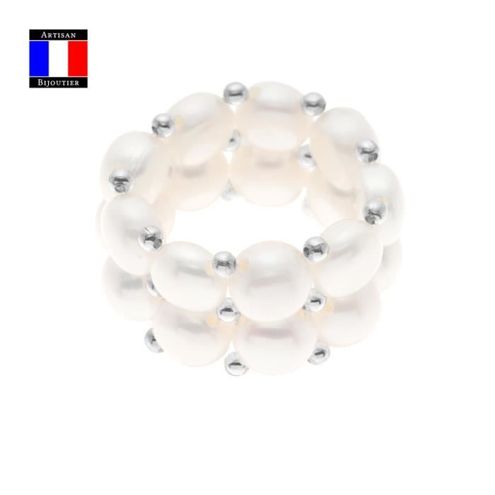 Compagnie Générales des Perles - Bague 2 Rangs - Véritable Perle de Culture d'Eau Douce Bouton Blanc - Taille Réglable - Bijou