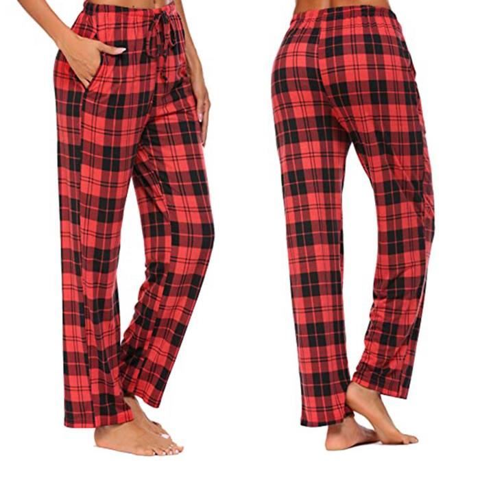 KBOPLEMQ Pantalon Pyjama Femme à Carreaux - Coton Long Avec Poche Et Cordon - Chaud Hiver - Multi-Tailles
