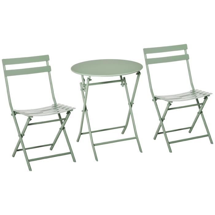 Salon de jardin bistro pliable - table ronde Ø 60 cm avec 2 chaises pliantes - métal thermolaqué vert d'eau