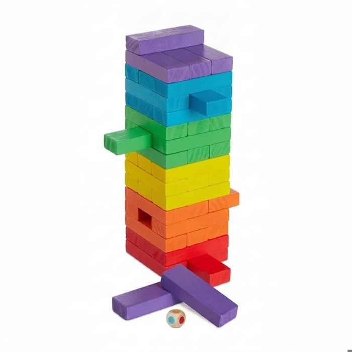 Relaxdays Wooden Game, 48 Stacking Blocks, Dice, for Children from 3 Years, Skill, Infernal Tower, Multi-Coloured