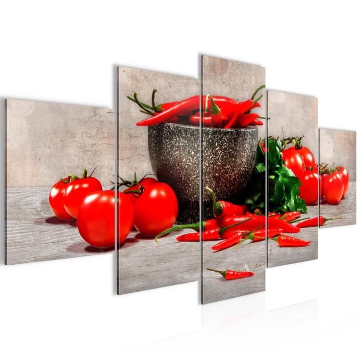 Tableau Déco Cuisine - Impression Sur Toile 50x70cm Motif Poivrons, épices, Cuillère | Sans Cadre, Décoration Murale Moderne Salon, Salle à Manger