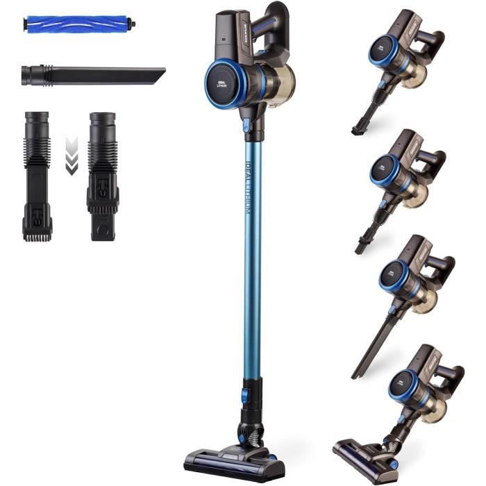 monmecd Aspirateur Balai sans Fil, 3 Vitesses, Autonomie 60min, 250W, Filtration HEPA x3, Brosse Anti-acariens motorisée, Anti-Acariens, pour Tapis Sols Durs Poils d'Animaux Voiture - Bleu