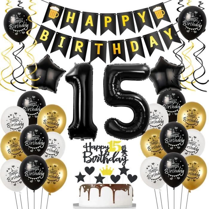 Décoration Gâteau "Happy 15th Birthday" | Noir | Pour Fille Et Garçon | Lot Avec Étoiles, Cœurs Et Ballons
