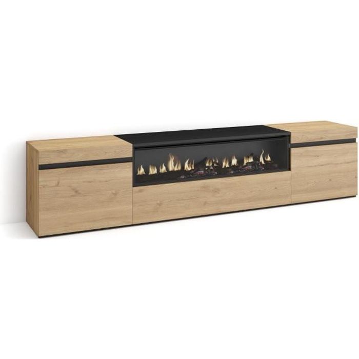 Meuble TV Banc Télé 200x35x45cm Pour les TV jusquà 80 feu électrique Chêne et noir RF2151 Meuble TV Banc Télé 200x35x45cm Pour les TV jusquà 80 feu électrique Chêne et noir RF2151