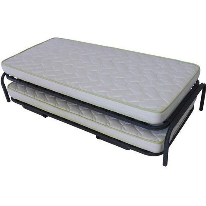 lit gigogne avec matelas strata - akiten retail - 80x200 cm - métal - blanc - a lattes