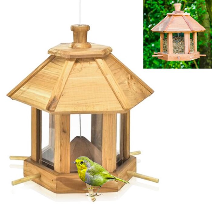 Mangeoire a Oiseaux avec Toit Amovible en Bois - Nichoir a Oiseaux - 6 Perchoirs - Suspendue ou a Poser - 26 x 22 cm Hexagonale - Bois Imputrescible