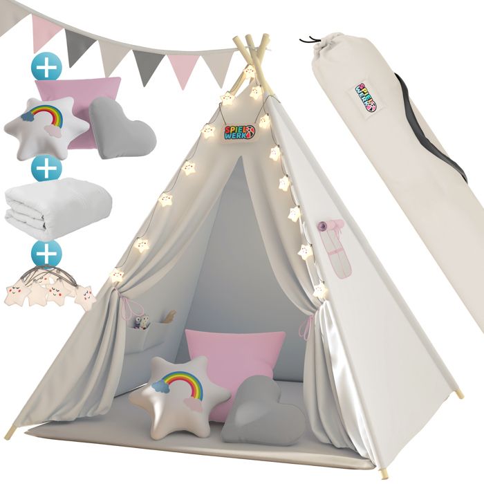 Tente Tipi Pour Enfant Avec Guirlande Et Lumières Nukido - Gris Avec étoiles - Jeux