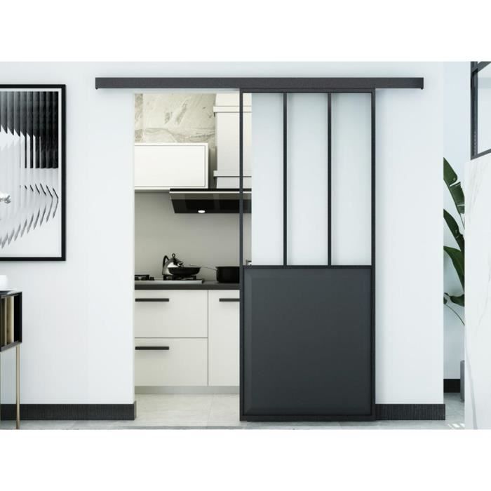 Porte coulissante atelier en applique H205cm x L93cm MDF noir et verre ...