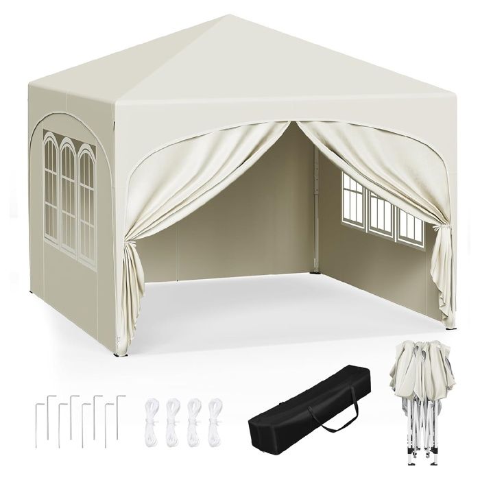 WOLTU Tonnelle de Jardin Pergola Pliante 3x3m avec 4 Parois Latérales Hauteur Réglable Imperméable Protection de UV Beige