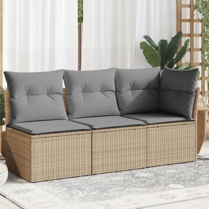 CHN Canapé de jardin avec coussins 3 places beige résine tressée A366103 CN016