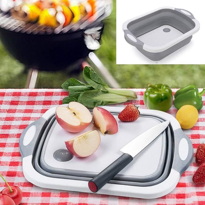 Planche à Découper Pliable 9 En 1 Camping - Avec Trancheuses, Panier égouttoir - 34x23 Cm (pliée 5.5 Cm)