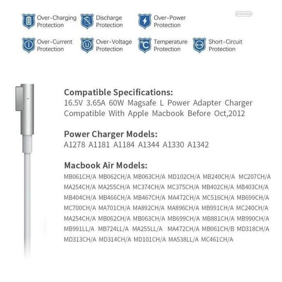 Chargeur MacBook Pro 60W MagSafe 1, Adaptateur Secteur Pour MacBook Pro 13 Pouces A1181 A1278 A1184 A1330 A1342