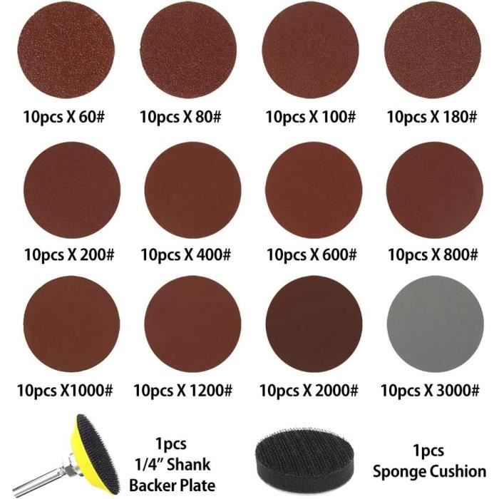 120 PCS Disque de ponçage abrasif, papier sablé papier de verre pour