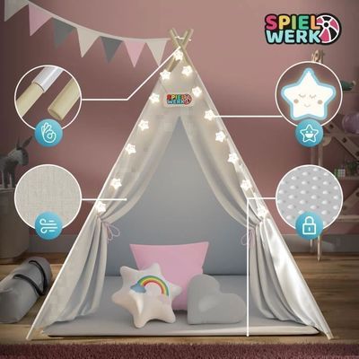 besrey Tente de jeu d'intérieur 2 en 1 avec tapis et lumières, Tente de jeu princesse pour l'intérieur, Maison de jeu, Décoration de chambre d'enfant (Marron