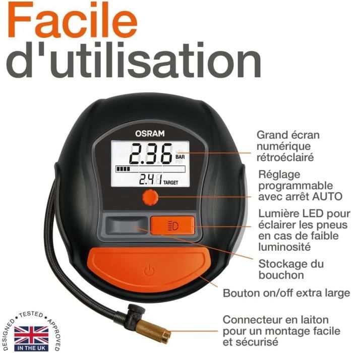 OSRAM TYREinflate RAPID - Compresseur Portable Numérique 12V Avec Arrêt Auto Et LED Pour Gonflage Rapide Des Pneus