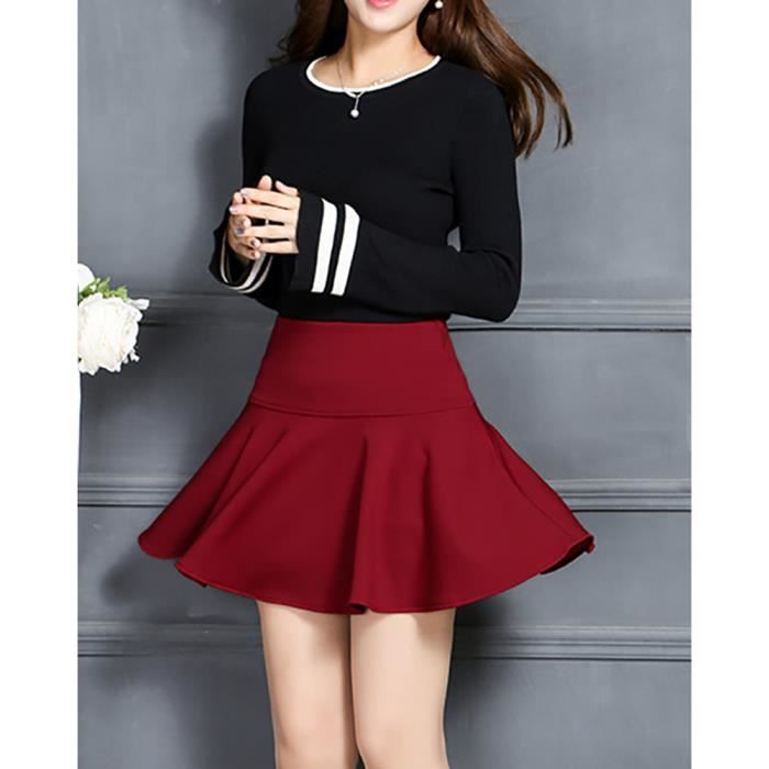 Jupe Pliss e Patineuse Taille Extensible Uni sans Ceinture Jersey