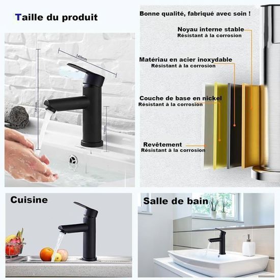 Mitigeur Lavabo Noir Acier Inox - Levier Unique Eau Chaude/Froide