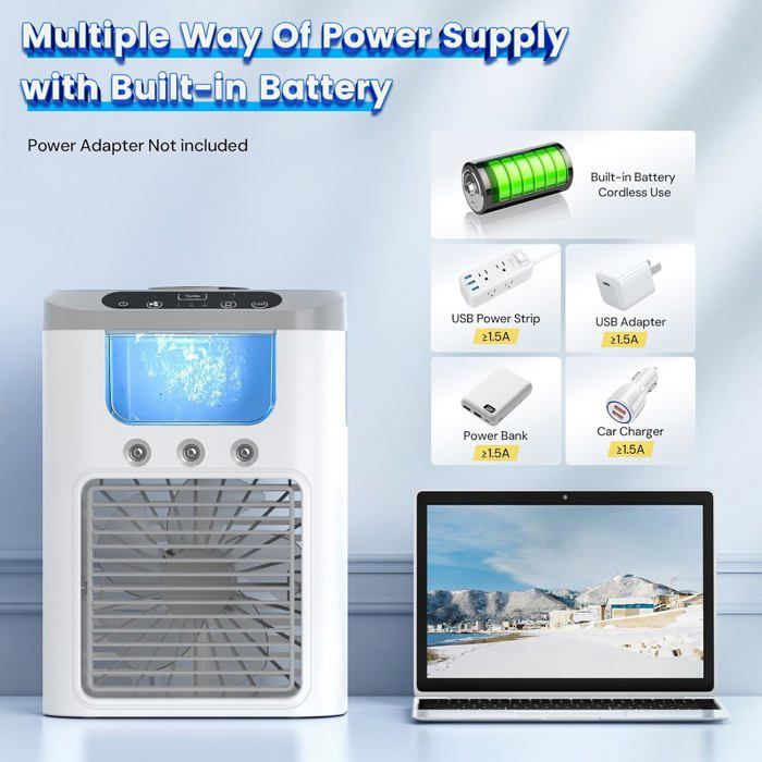 Ventilateur/rafraîchisseur D'air Portable Cooling Ace - 3 Vitesses, Batterie 2000mAh (12h), Mur/bureau - Pour Chambre, Terrasse, Bureau