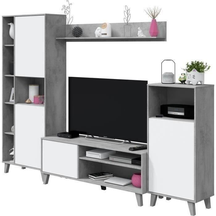 ensemble meuble tv modulable - zoe - ouverture push - blanc artik et gris ciment - l260 x p33 x h184 cm