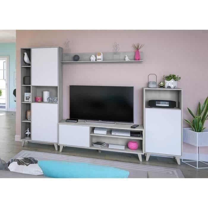 Ensemble meuble TV modulable - ZOE - Ouverture PUSH - Blanc Artik et gris ciment - L260 x P33 x H184