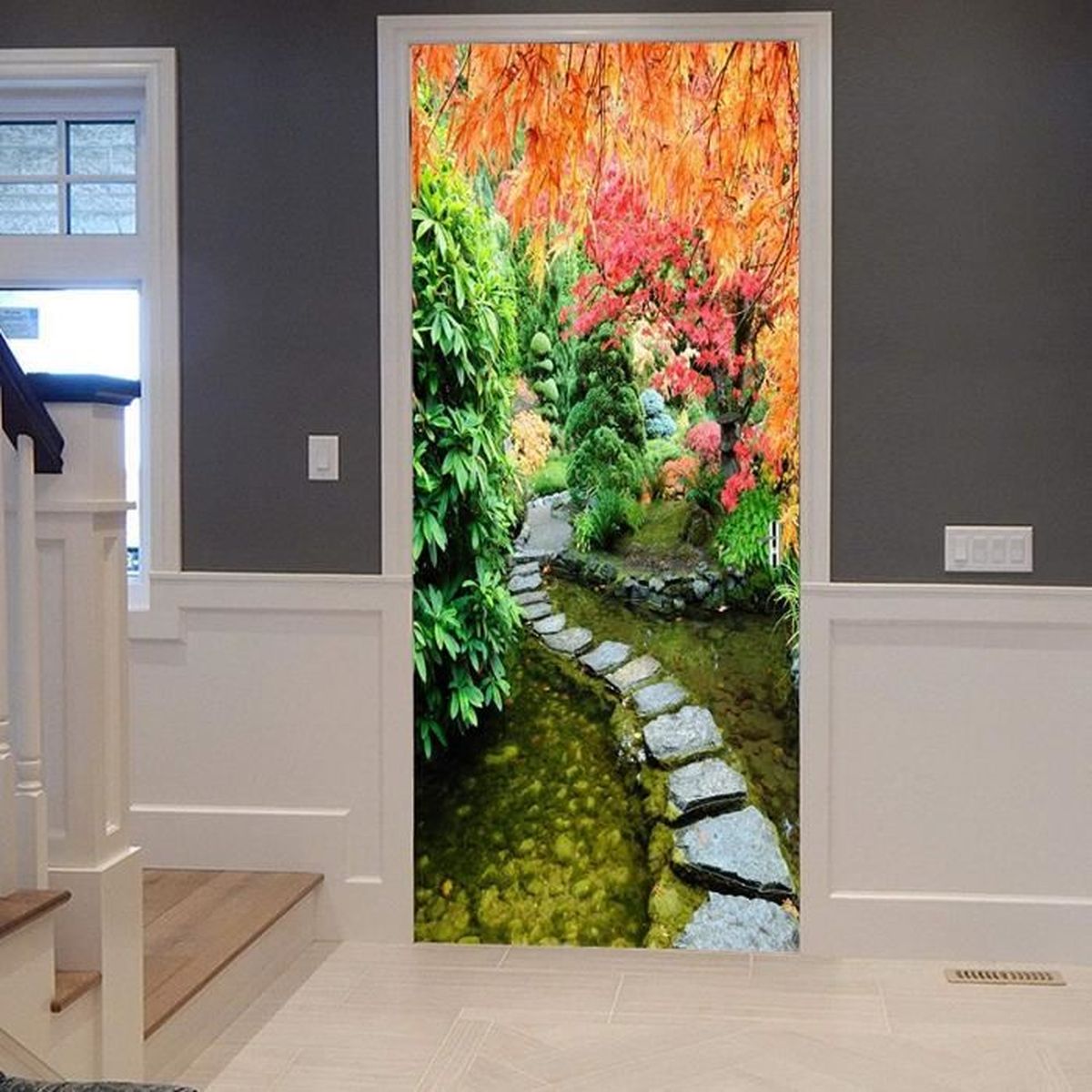 Sticker Porte Aquarelle Arbres Automne - 90x200 Cm, PVC - Autocollant Mural Amovible, Décoration Salon/chambre - 5