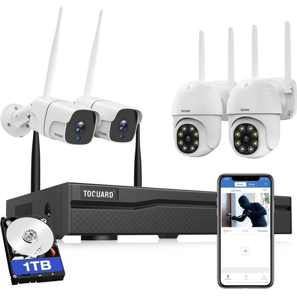 TOGUARD Kit Caméra de Surveillance Sans fil 4pcs 2K Wifi camera audio