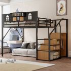 LANGTU Lit mezzanine 140x200 cm avec armoire ouverte, lit enfants et adolescents escalier avec rangement et et fenêtre, en métal, Noir