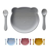  Set Vaisselle SiliconeRepas Bébé avec Ventouse, anti-dérapant, [Assiette ventouse, Cuillère, Fourchette], Silicone sans BPA, (Gris)