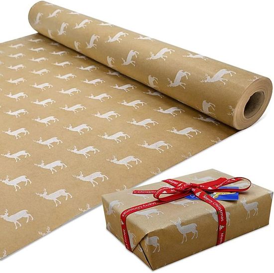 AhfuLife 2 Rouleau Kraft Papier Cadeau Noël, 43cm×15m Recyclable Papier Emballage Cadeaux Noel Avec Motifs Fins Pour Enfant Emballage Des Cadeaux, Décor De Noël (M:Wapiti/Merry Christmas