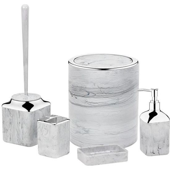 Ensemble de salle de bain 5 pièces style marbre pierre, Poubelle, Brosse et support de toilette, Distributeur de savon,