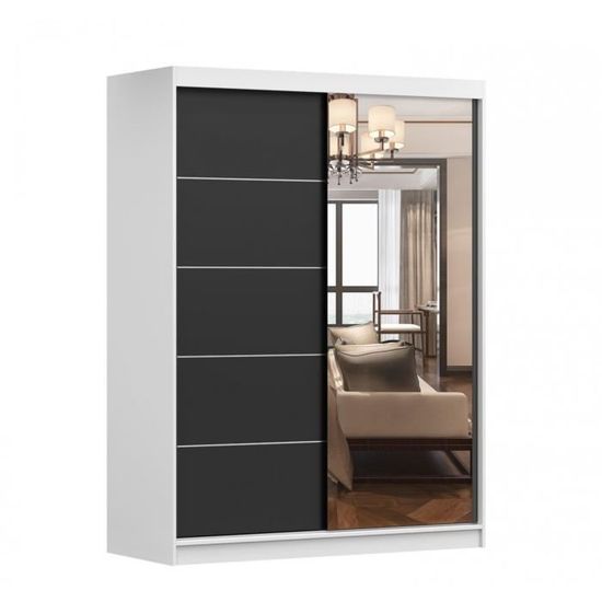 Armoire de chambre avec 2 portes coulissantes et miroir avec étagères - 150x200x61 cm - Beni 05 Dark (Blanc + Noir, 150)
