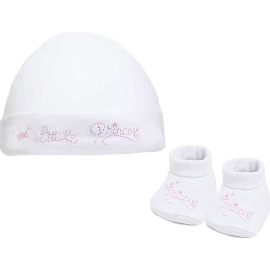 Ensemble de naissance bonnet et chaussons pour bébé fille blanc little princess
