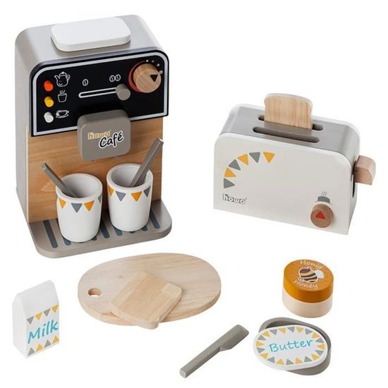 Jouet Rôle Cuisine Enfant Machine à Café & Grille-Pain En Bois Pour Enfants – 28 Accessoires Cuisine Dinette + Aliments Factices – Jouet Éducatif 3-7 Ans
