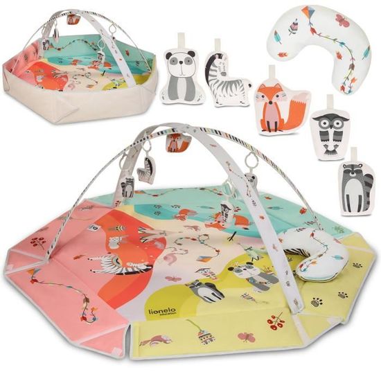 Lionelo Jenny 2 en 1 tapis d'eveil et parc bebe forme hexagonale oreiller bandeaux jouets motif animalier