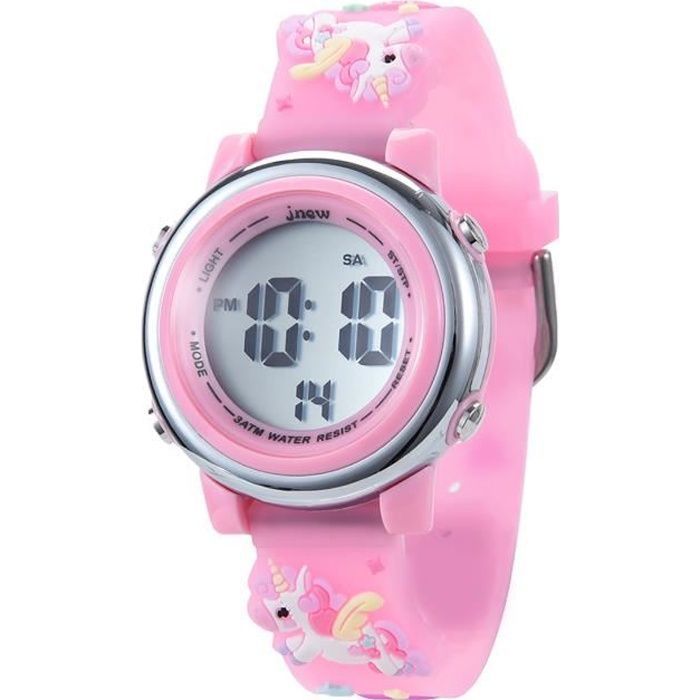 Zeiger Montre pour Fille Électronique Enfant Licorne Rose 3D Bracelet 7 Rétroéclairage LED Alarme Chronomètre Date Étanche