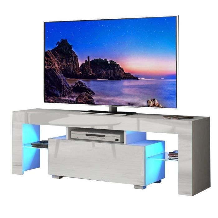 Meuble TV 130 cm avec lumières LED Bleues pour téléviseurs jusqu'à 55- (130 x 35 x 45 cm Blanc)